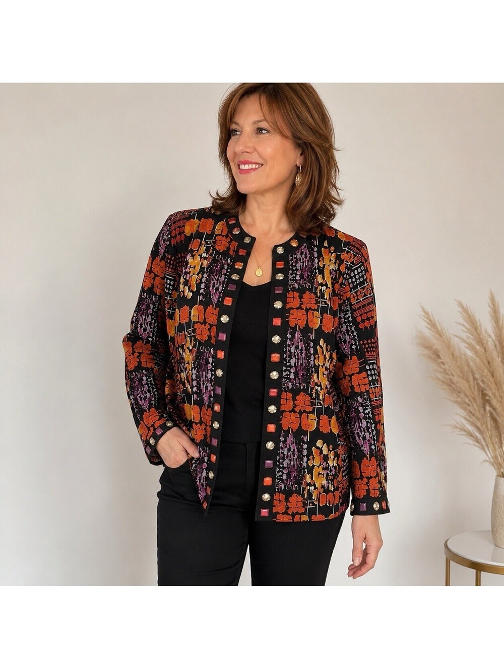 Birch Hill Silk Jacket XL Black Orange Abstract Jeweled Embellished Artsy Art